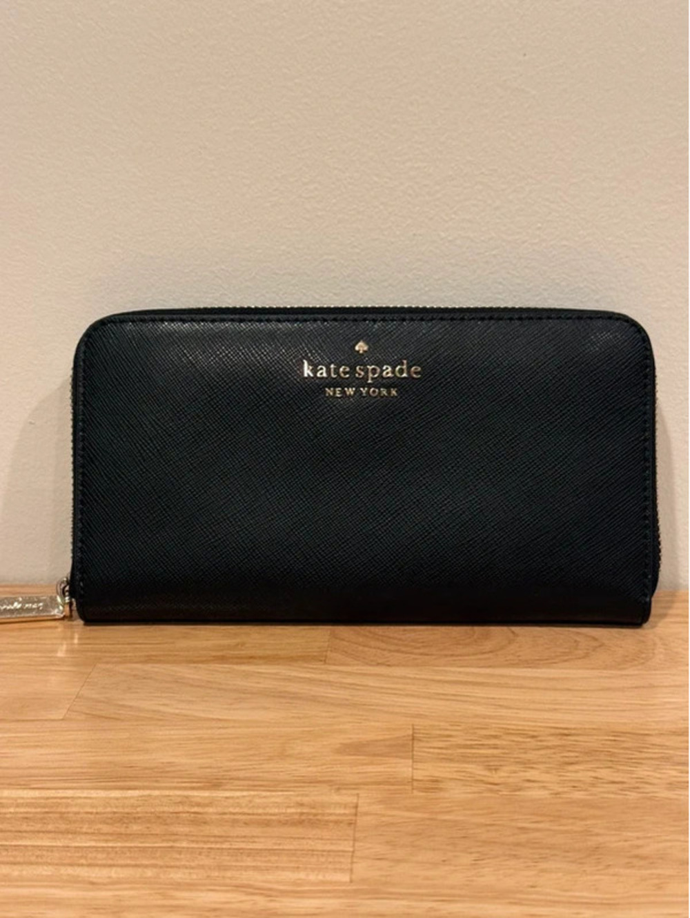 Kate Spade New York Black Saffiano Leather Zip Around Continental Wallet Gold